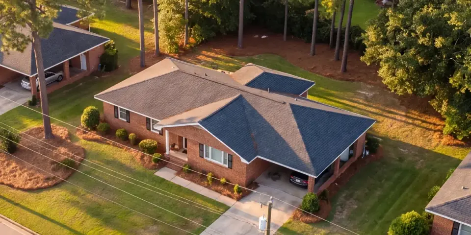 Drone view of a brick ranch home among longleaf pines, its roofline traced in blue