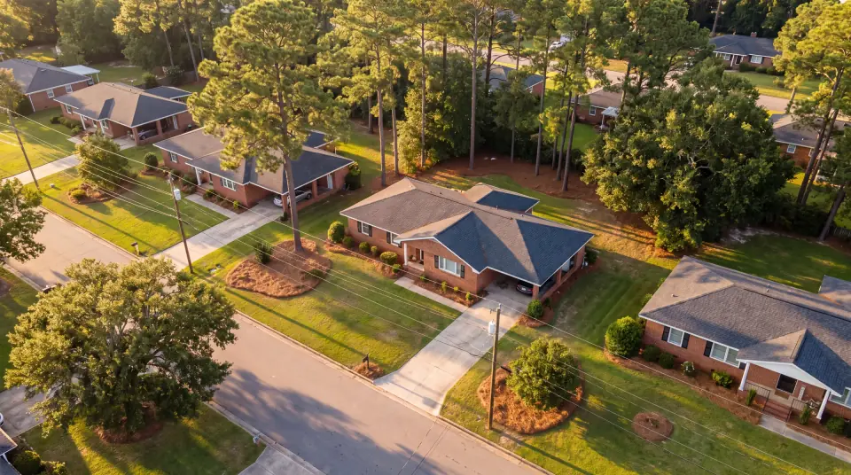 Aerial view of a Dothan-style street of brick ranch homes among tall pines in golden light