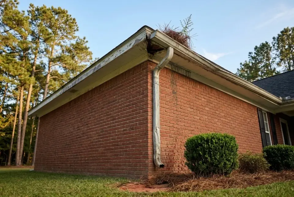 Before: house corner with a failing gutter full of pine needles, peeling fascia and a dented downspout