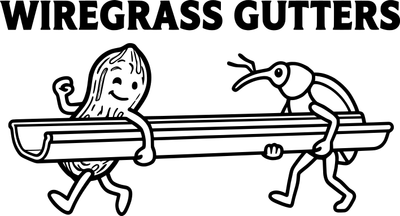 Wiregrass Gutters logo: a peanut and a boll weevil carrying a gutter