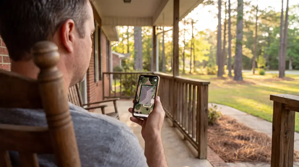 Homeowner in a rocking chair on a brick porch, holding a phone that shows a satellite view of a roof outlined in green
