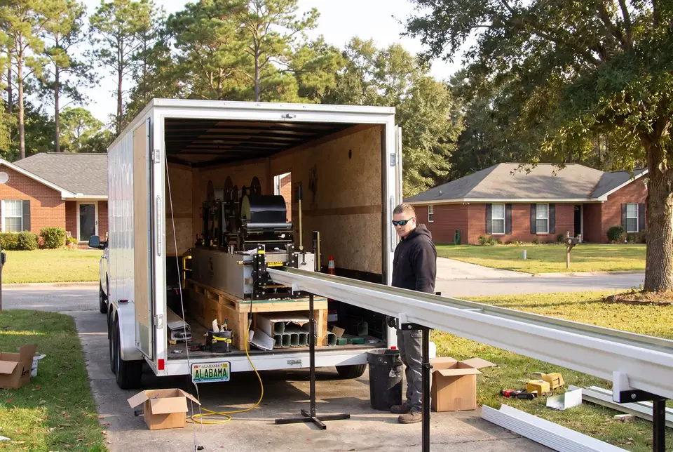 Installer beside an enclosed trailer with a gutter roll-forming machine, a long fresh gutter run feeding out onto stands in the driveway