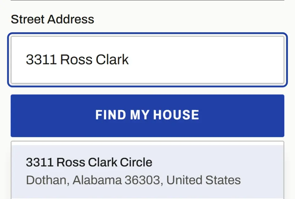 Estimator screen: street address box with 3311 Ross Clark typed in and a Find My House button